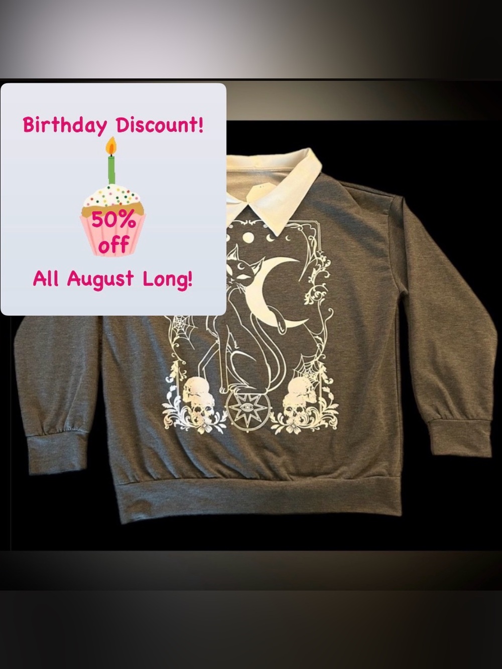 50% SALE! NEW🎃Witch Halloween Costumes Gray Sweatshirt w/Cat, Moon Design-size M
